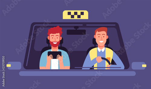 Taxi app. Client and taxi driver inside cab cabin. Taxi booking smartphone application vector background. Illustration of taxi client in automobile