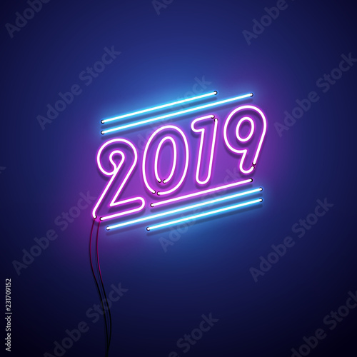New year 2019 neon sign. Vector background. 