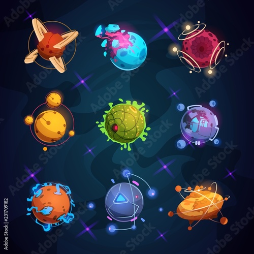 Cartoon fantastic planets. Fantasy alien planet objects for space game. Vector planet and asteroid on orbit for gui fantastic space illustration