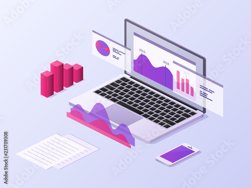 Business app isometric concept. 3d laptop and smartphone with data charts and statistics diagrams. Mobile technology vector background. Laptop infographic, chart 3d and graph information illustration
