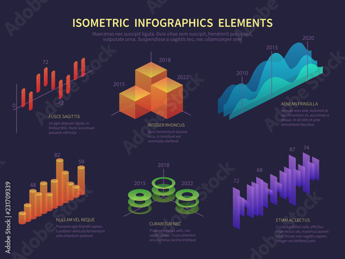 Isometric infographics. Presentation graphics, statistics data layer, growth chart and financial diagram. Vector digital infographic. Illustration of isometric diagram, infographic presentation