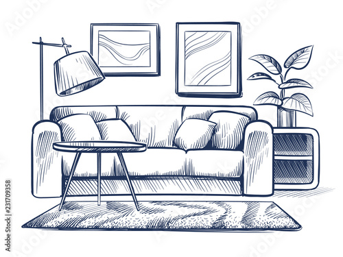 Sketch living room. Doodle house interior with couch, lamp and picture frames. Freehand drawing home black and white vector interior. Illustration of sketch room with furniture interior