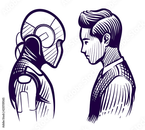 Human vs robot. Conflict of artificial intelligence and human mind. Employee replacement sketch vector concept. Human mind intelligence and artificial robot brain illustration
