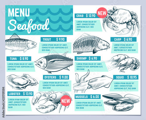 Fish restarant menu. Hand drawn fishes lobster and crab seafood restaurante vintage design vector template. Illustration of fish menu crab and shrimp, oyster and carp