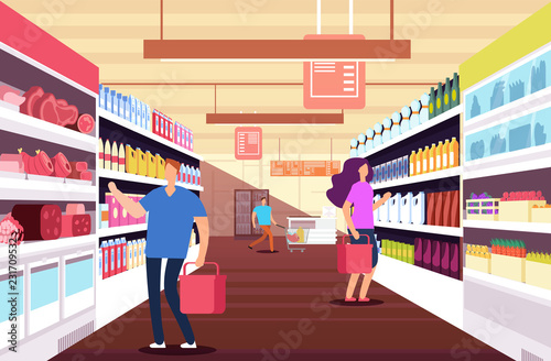 Shopping people in hypermarket. Customers between food product shelves. Retail and discount sales vector concept Hypermarket store, retail supermarket, grocery and market with customer illustration