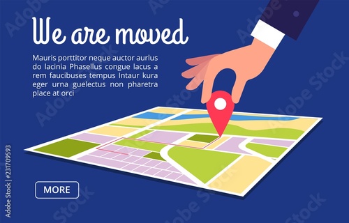 Moving concept. Changing address, new location on navigation map vector background. Illustration of we moved navigation banner