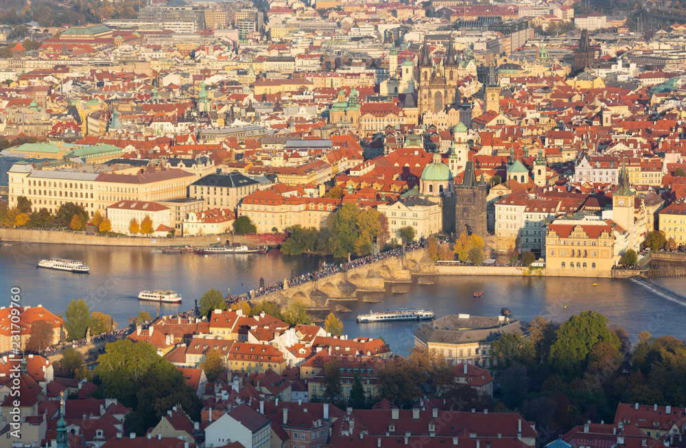 Prague - The cityscape with the Charles bridge on Olt Town in morning light.