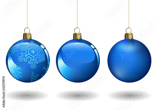 Blue Christmas Ball Set for Your Project - Colored Illustrations with Two Glossy Baubles and Matting Bauble, Vector