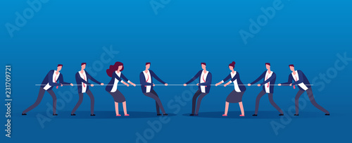 Team war. Business people rivals pulling rope. Competition, conflict in office vector concept. Illustration of people conflict in business team