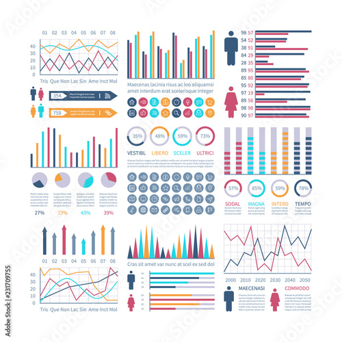 Infographic charts. Financial flow chart trends graph. Population infocharts. Statistics bar diagram. Presentation vector infographics. Illustration of gender stats chart and graph, info visualization