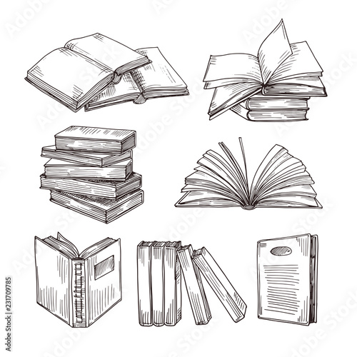Sketch books. Ink drawing vintage open book and books pile. School education and library doodle vector symbols. Education book sketch, pile of literature drawing illustration