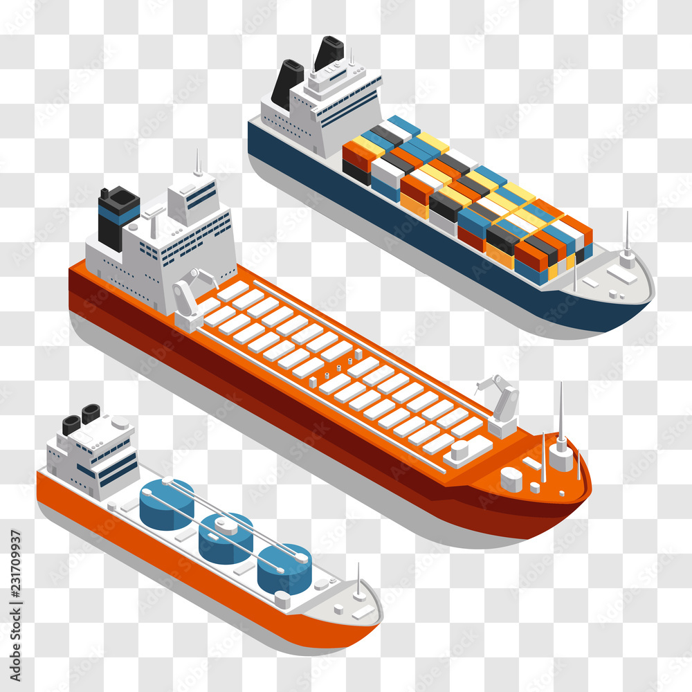 Fototapeta premium Modern cargo ships isometric vector design. Set of transportation ships isolated on transparent background. 3d ship freight in sea, shipping and logistic marine transportation illustration