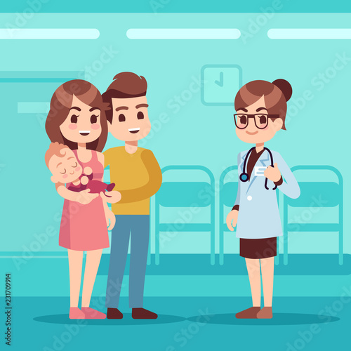 Happy family with baby and pediatrician doctor. Pediatric care vector cartoon concept. Family and pediatrician doctor woman, mother father with baby illustration