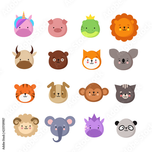 Cute animals faces. Dog and cat, cow and fox, unicorn and panda. Animal kid emoji. Kawaii zoo vector collection of sheep and monkey, cat and tiger, koala and bear illustration