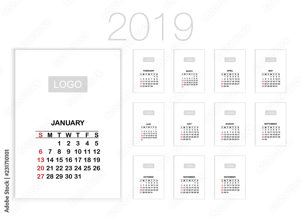 Calendar Planner 19 Week Starts On Monday Set Of 12 Months January December Calendar Template Size Simple Design On White Background Set Desk Calendar Template Vector Illustration Stock Vector Adobe Stock
