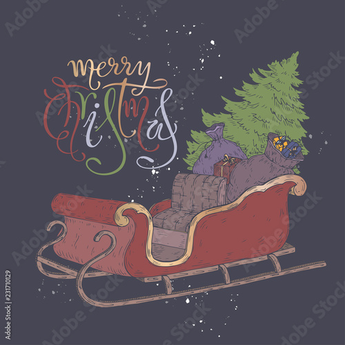 Brush lettering greeting and a color sleigh with Christmas tree and gifts.