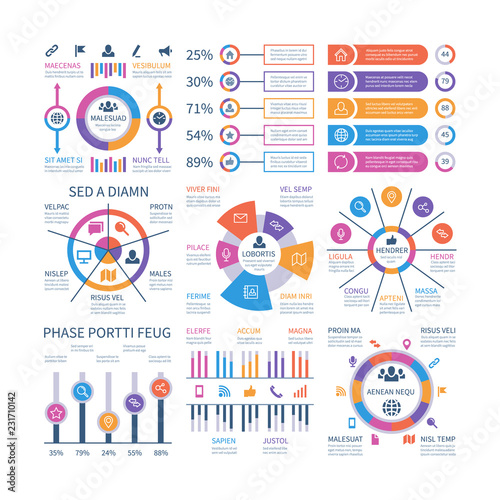 Financial infographic. Business bar graph and flow chart, economic diagram circle charts with icons. Presentation vector infographics. Diagram and economic chart, flowchart infographic illustration