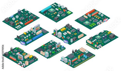 Circuit board isometric. Electronic computer components motherboard. Semiconductor microchip, diode. Hardware vector parts. Illustration of electronic motherboard and isometric processor and microchip