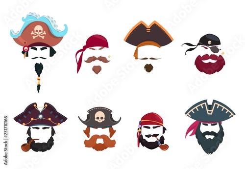 Pirate mask. Funny face photo filters. Pirates hats, bandana and smoking pipe isolated vector set. Illustration of photo face mask for phone app