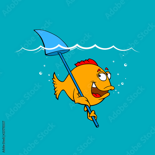 A little funny fish floats and scares the shark fin