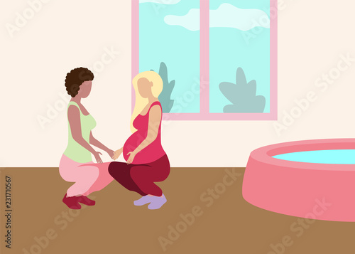 Childbirth with doula banner in a modern cartoon style. photo