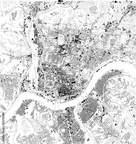 Mappa satellitare di Cincinnati, Ohio, strade cittadine. Mappa stradale, centro città. Stati Uniti d'America