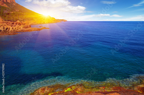 Blue sea and sun on sky