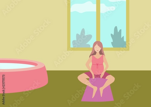 Pregnant woman exercise yoga banner in a modern cartoon style.
