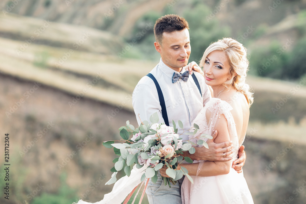 wedding couple on the nature in summer day. wedding couple on the nature in summer day.