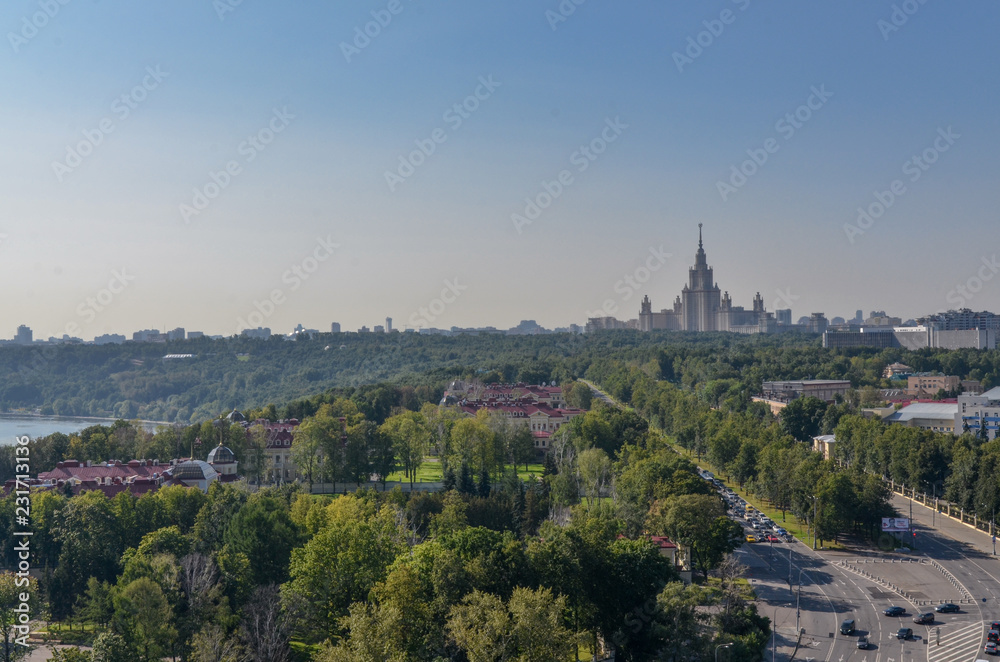 main building of Moscow State University and parks on Vorobiev embankment of Moscow river