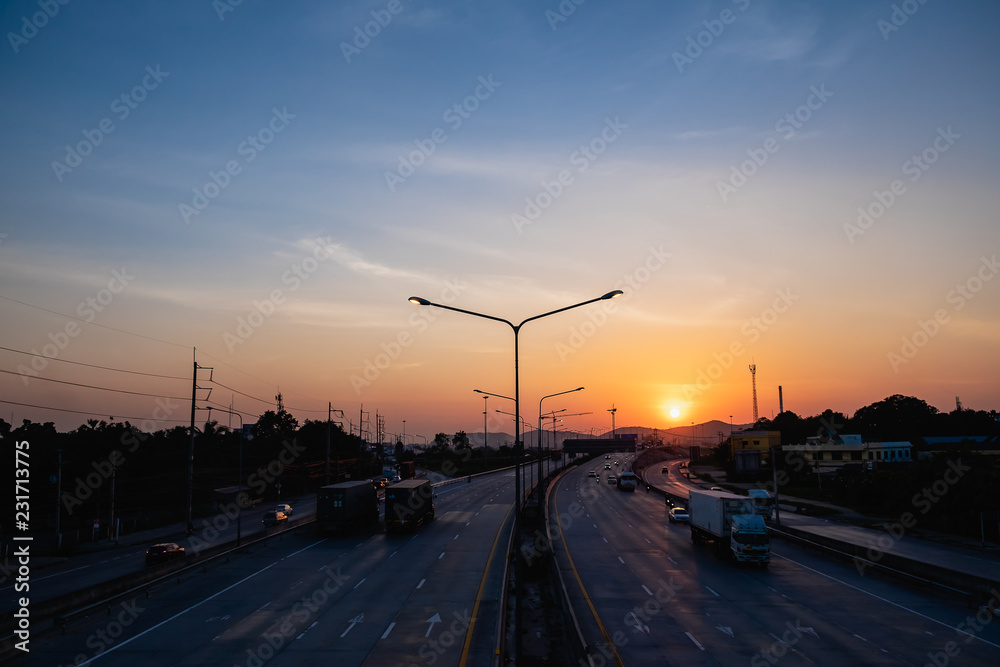 Laem Chabang Industrial Estate, Thailand, Cars on highway road on sunset time in busy city on 31 October 2018