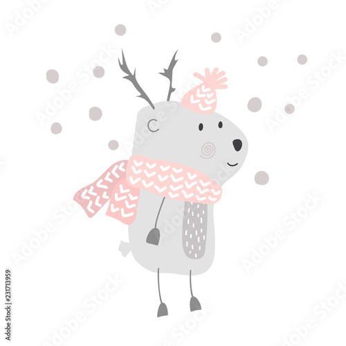 Christmas vector cute cartoon deer in hat and scarf illustration design. bambi animal vector. Merry Xmas greeting card