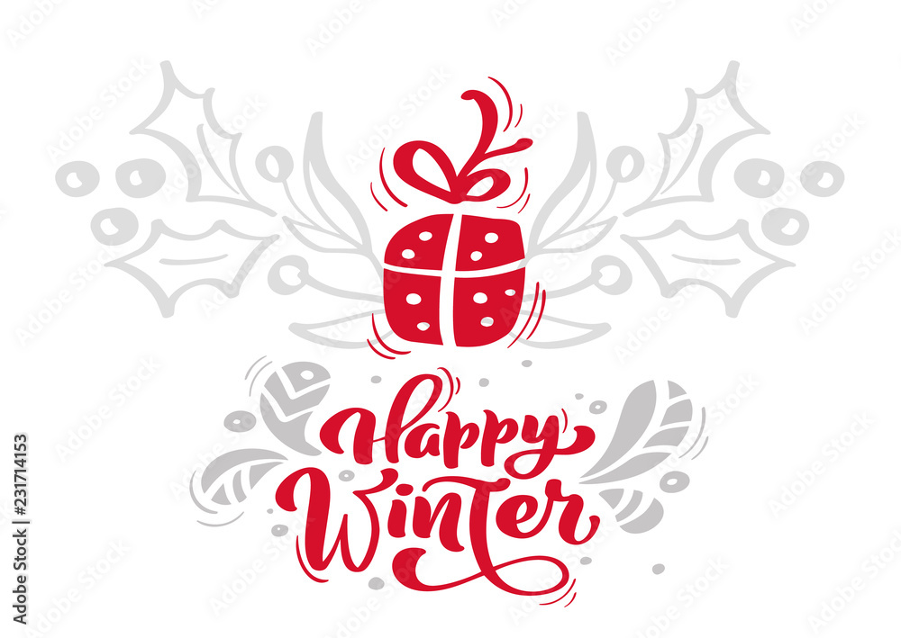 Christmas red Happy Winter Calligraphy Lettering vector text with xmas elements in scandinavian style. Creative typography for Holiday Greeting card Poster Christmas red Happy Winter Calligraphy Lettering vector text with xmas elements in scandinavian style. Creative typography for Holiday Greeting card Poster