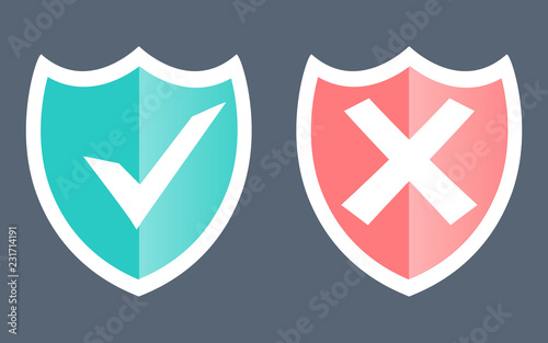 Set green and red shield with checkmark and cross mark. Sign of protection, safety and unsafe, security and insecurity and reliability. Modern flat design elements.  Security, Protection, Safe Concept