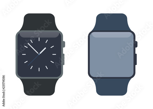 Black smart watch  Realistic stainless. Realistic Vector watch with black leather bracelet. Stylish smart watch reflected on white background. Modern smart watch mockup