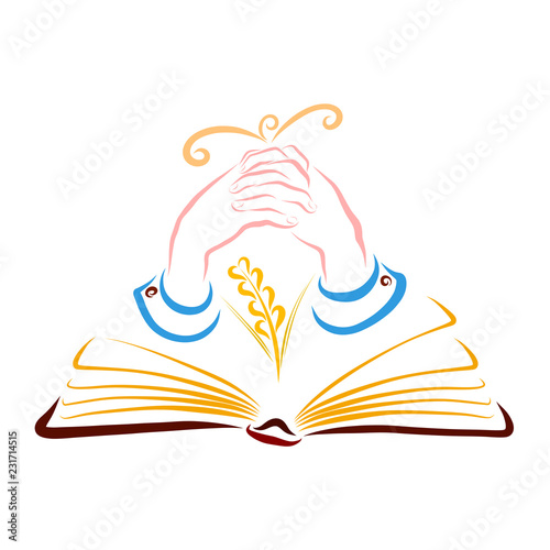 Photography An open book, a wheat spike, praying hands and a bird flying up