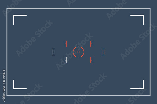 Photo or video camera viewfinder grid with many shooting settings on screen. Camera focus frame. Focusing screen of the camera. Viewfinder camera recording. Vector template for your design.