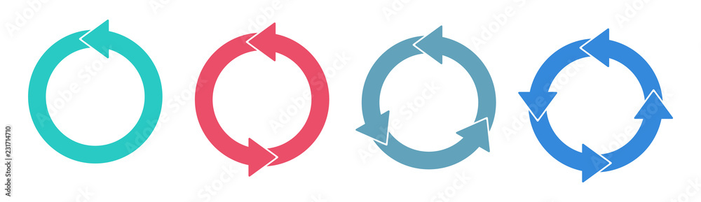Set arrows rotation circle. Recycling flat vector icon. Arrows flat vector icon.4 arrow pictogram refresh reload rotation loop sign set. Colorful icon set, round arrow shape Set arrows rotation circle. Recycling flat vector icon. Arrows flat vector icon.4 arrow pictogram refresh reload rotation loop sign set. Colorful icon set, round arrow shape