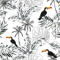 Keuken achterwand Afrikaanse dieren patronen Toekans tussen tropische palmbladeren  © ojardin