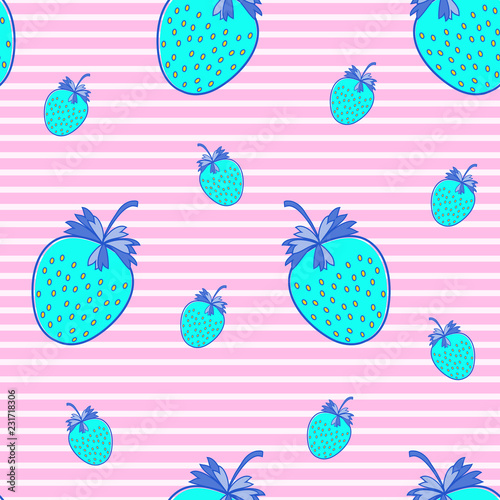 Vector seamless pattern with blue strawberry on stripe backdrop. Colorful summer background. For restaurant or cafe menu, design banners, wrapping paper. EPS10. Cute berry design, wallpaper, print for