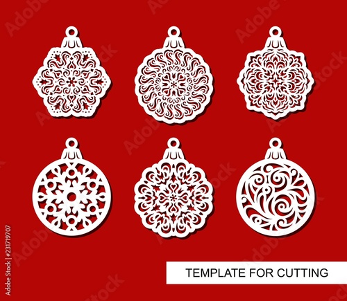 Set of hanging Christmas decorations. Round carved patterns. Lace stencils. Template for laser cutting, paper cut and printing. Vector illustration.
