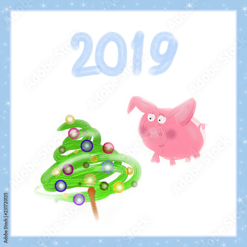 Pig and Christmas tree with balls. Happy new year. Symbol of 2019. Eastern horoscope. Greeting card. Winter holiday. Funny character. Illustration. Festive design.