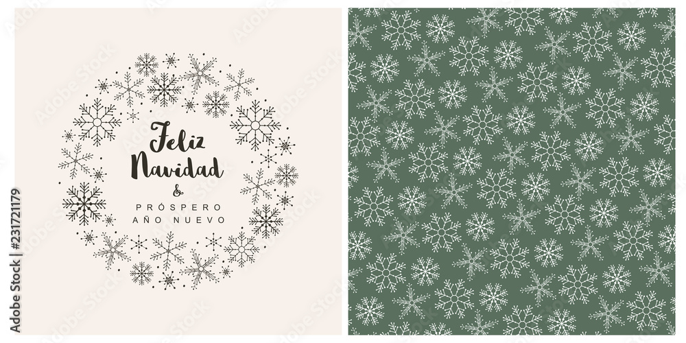Feliz Navidad y Prospero Ano Nuevo - Merry Christmas and Happy New Year.Spanish Christmas Vector Card and Pattern.Brown Snowflakes and Hand Written Letters.Beige Card.White Snowflakes.Green Background