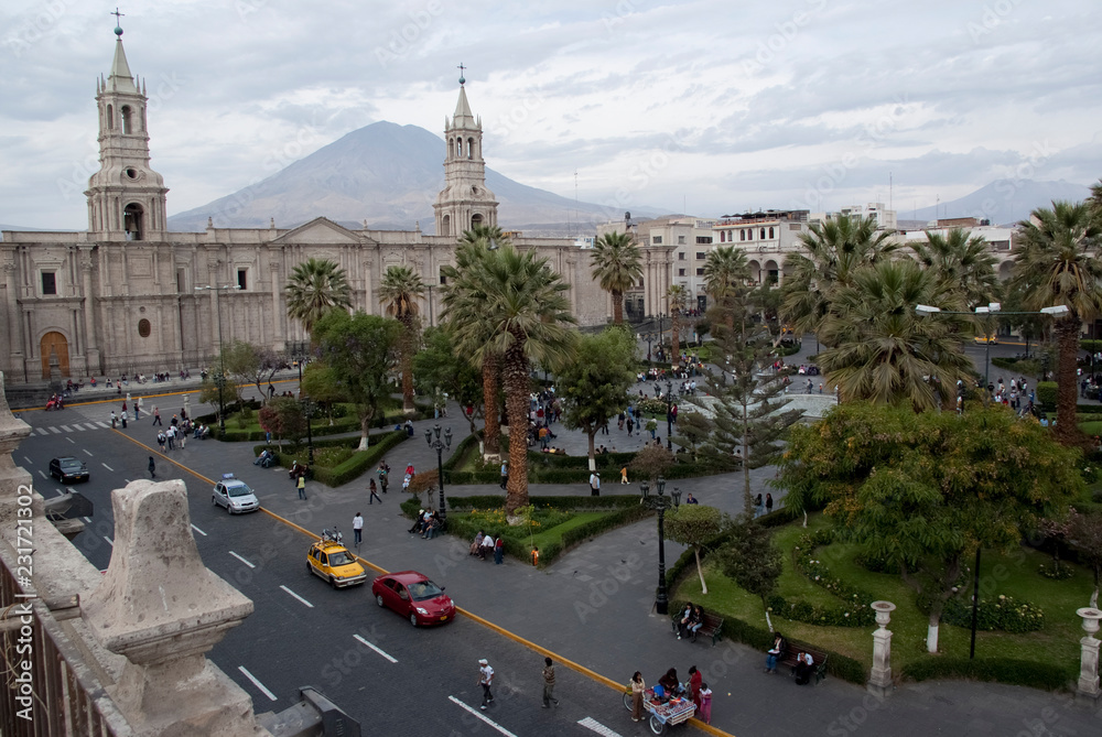 Church and palm trees on Plaza de Armas in Arequipa, Peru, South America