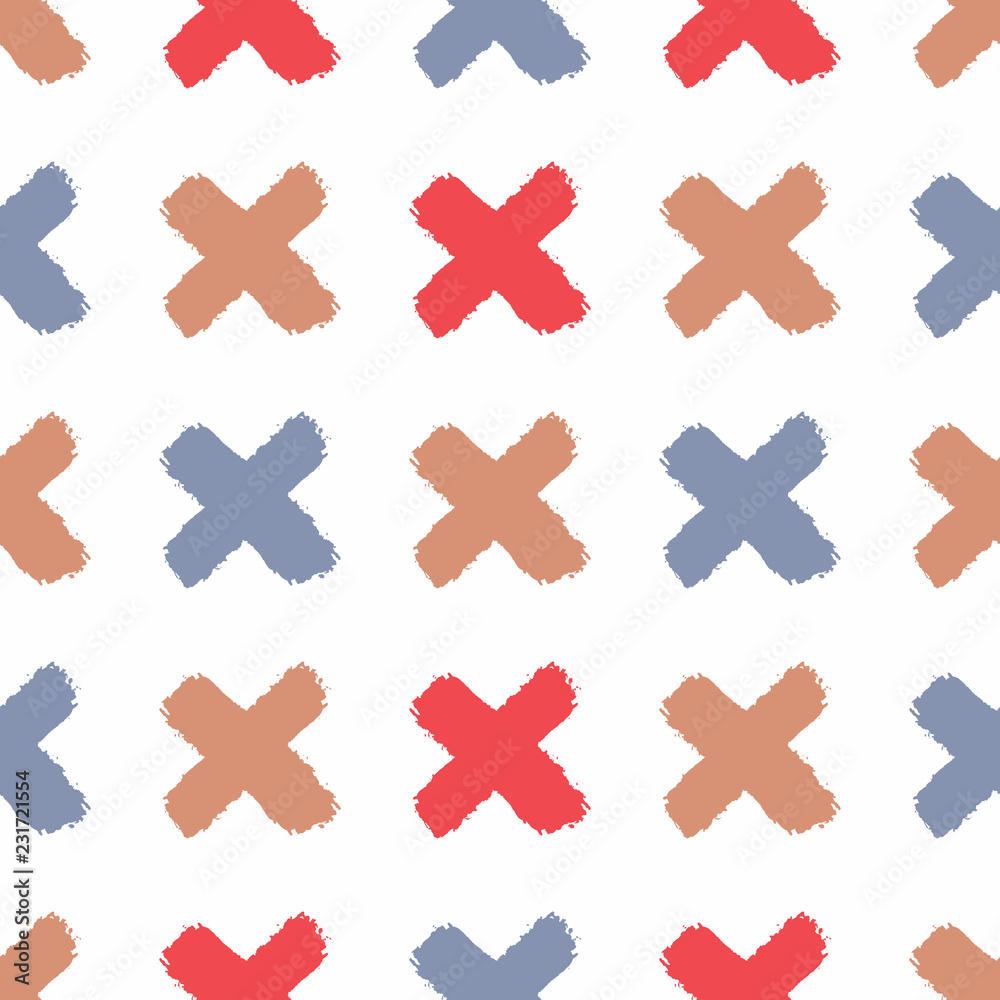Obraz premium Repeated colored crosses drawn by hand with rough brush. Seamless pattern for children. Sketch, graffiti, watercolor.