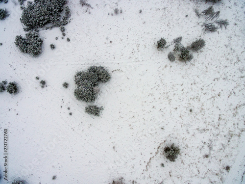 drone image. aerial view of rural area with fields and forests in snowy winter