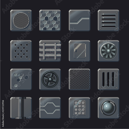 Industrial vector element set. Metal panel collection. Futuristic background elements for game concept design.