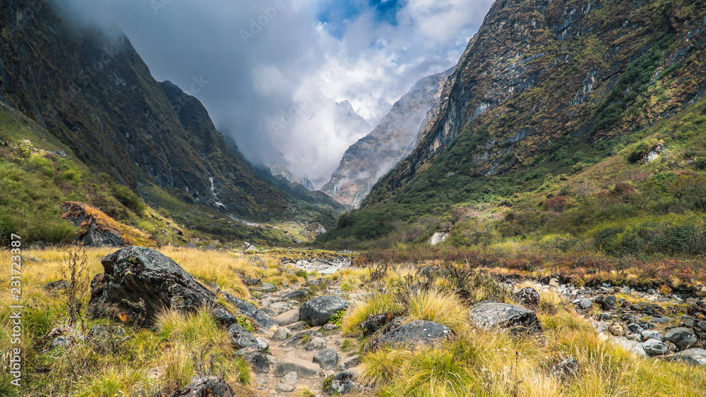 Beautiful view of nature on a trekking trail to the Annapurna base camp, the Himalayas, Nepal. Himalayas mountain landscape in the Annapurna region. Annapurna base camp trek.