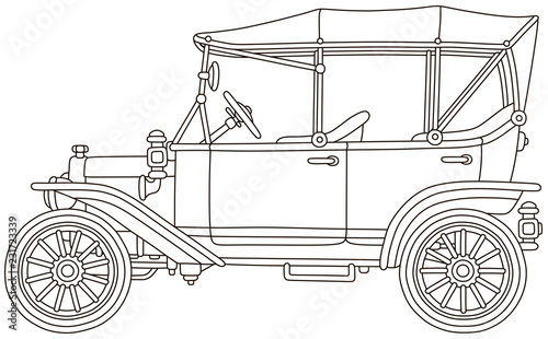 Funny old toy vintage car, black and white vector illustration in a cartoon style for a coloring book