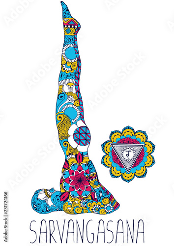 Sarvangasana. A pose in yoga that opens the Manipura chakra. Silhouette in indian mehndi style.
